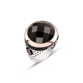 Facet Cut Black Zircon Stone Circle Silver Men’s Ring Siding Zircons and Teardrop Pattern and Ottoman Tughra