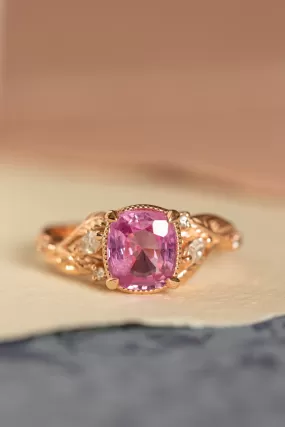 READY TO SHIP: Patricia ring in 14K rose gold, pink sapphire cushion cut 7mm, diamonds, AVAILABLE RING SIZES: 6-8 US